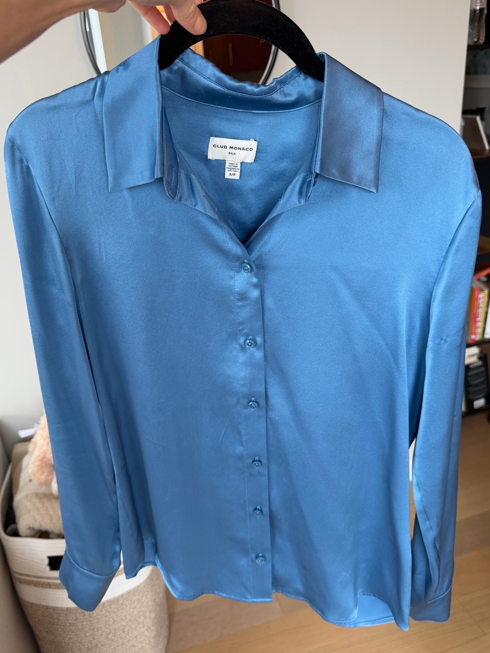 Club Monaco Satin Button-Front Blouse — Blue